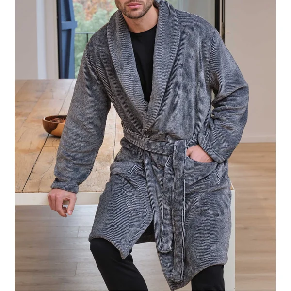 Robe de chambre homme en pilou rayé Noir
