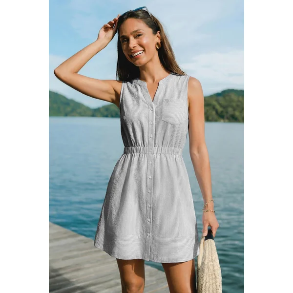 Robe de chemise rayée col cranté taille élastique sans manches