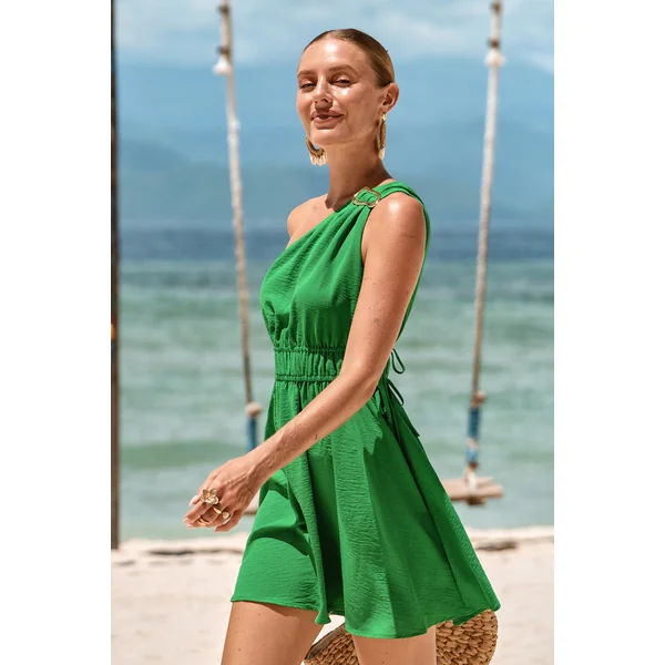 Robe de plage courte verte col asymétrique