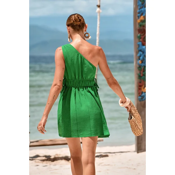 Robe de plage courte verte col asymétrique