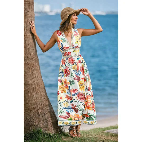 Robe de plage longue tropicale sans manches