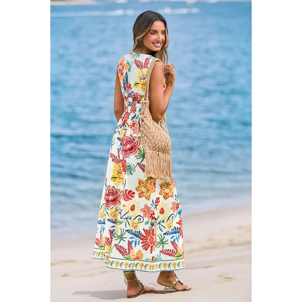 Robe de plage longue tropicale sans manches