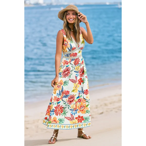 Robe de plage longue tropicale sans manches