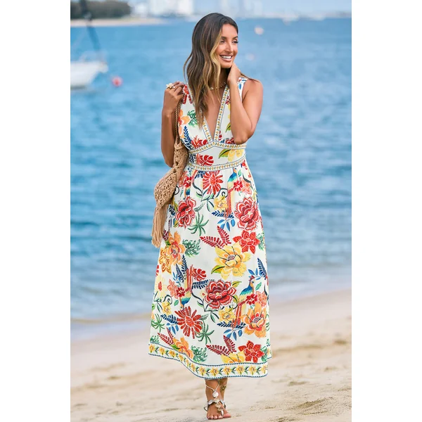 Robe de plage longue tropicale sans manches