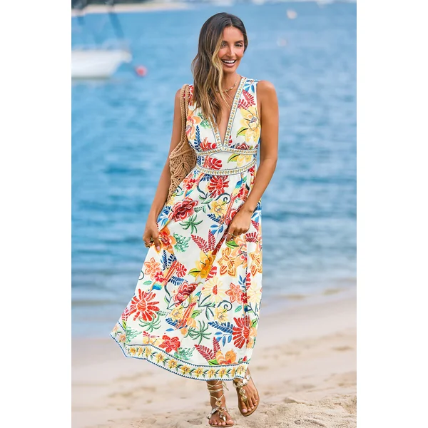 Robe de plage longue tropicale sans manches