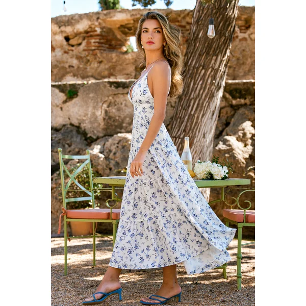 Robe florale longue col plongeant sans manches