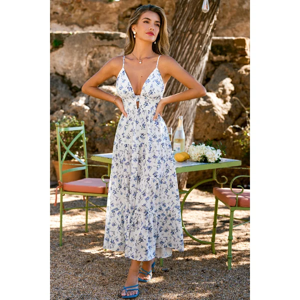 Robe florale longue col plongeant sans manches