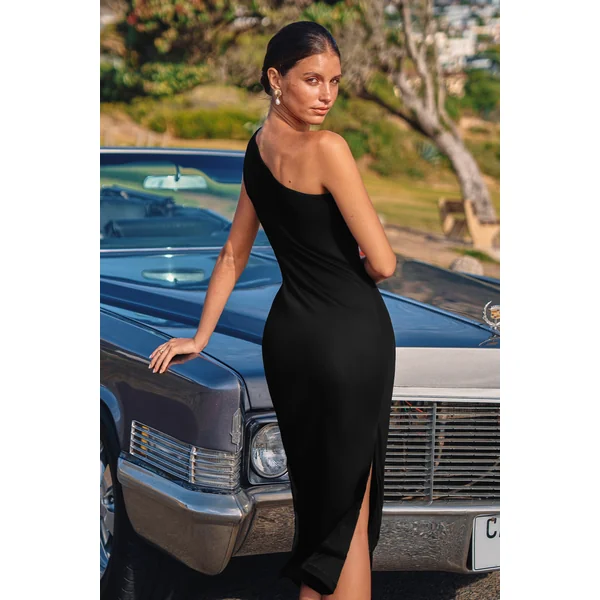 Robe long florale noire col asymétrique