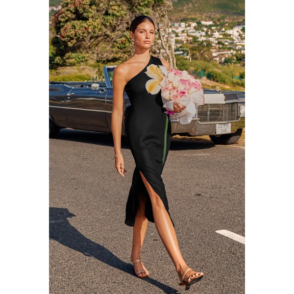 Robe long florale noire col asymétrique