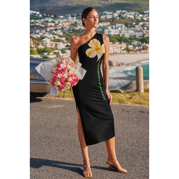 Robe long florale noire col asymétrique
