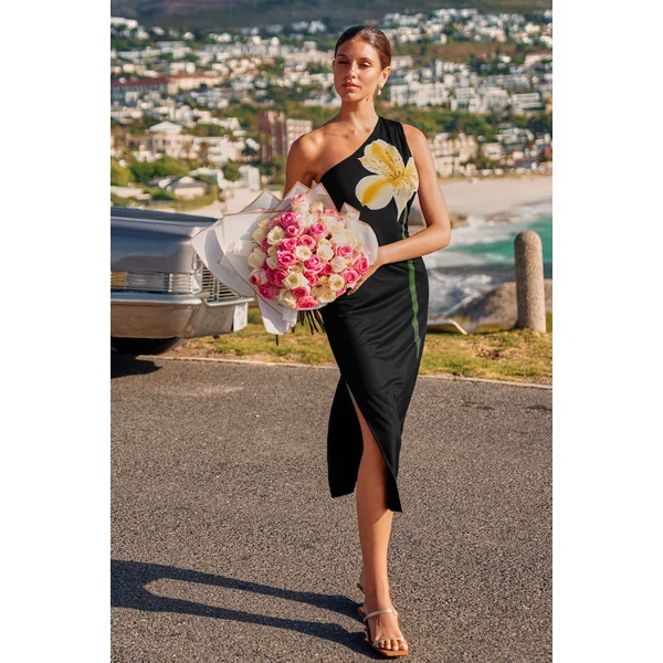 Robe long florale noire col asymétrique