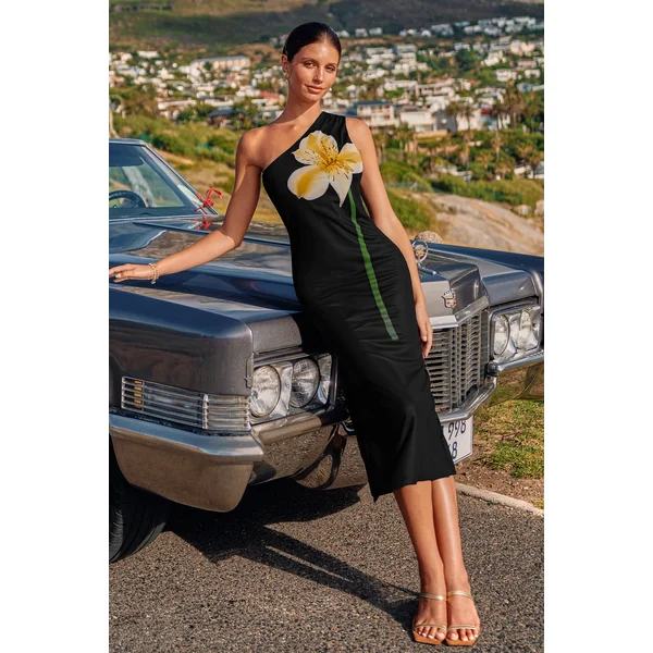 Robe long florale noire col asymétrique