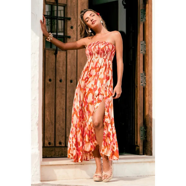 Robe longue abstraite col droit