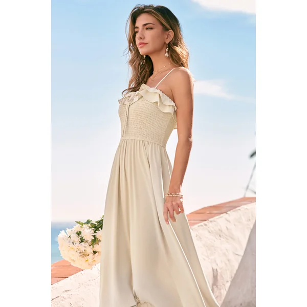 Robe longue beige smockée