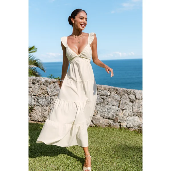 Robe longue beige à col V