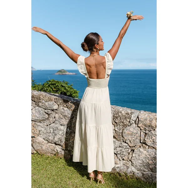 Robe longue beige à col V