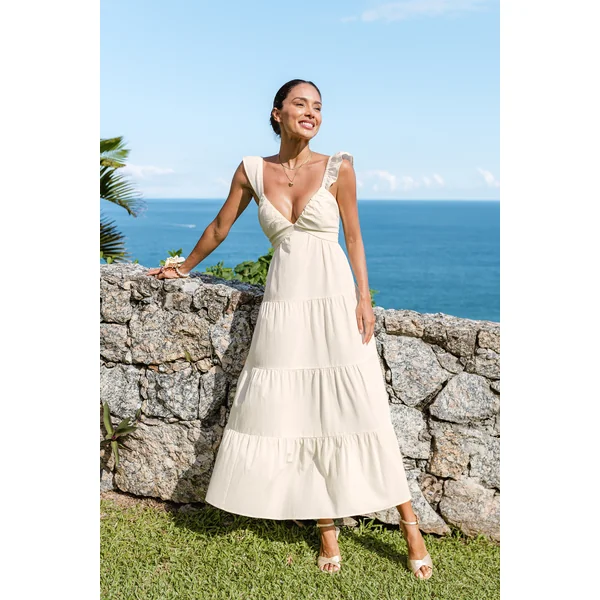 Robe longue beige à col V