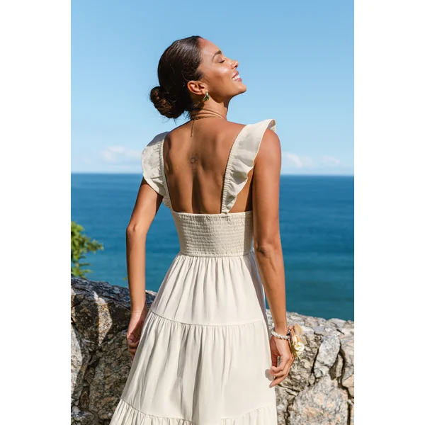 Robe longue beige à col V