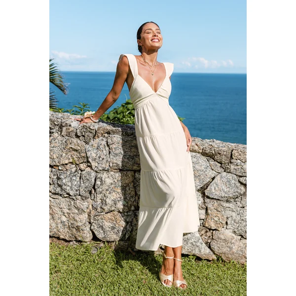 Robe longue beige à col V