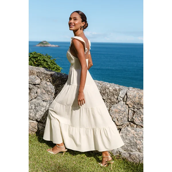 Robe longue beige à col V