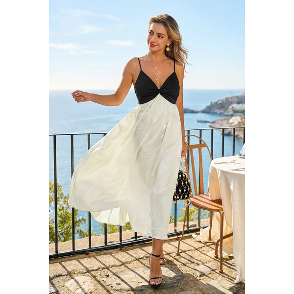 Robe longue bicolore col V sans manches