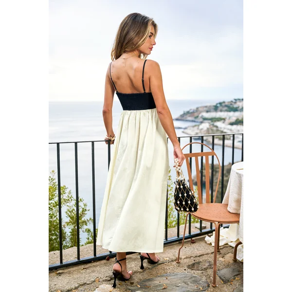 Robe longue bicolore col V sans manches