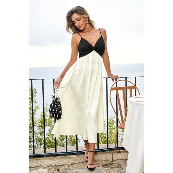 Robe longue bicolore col V sans manches