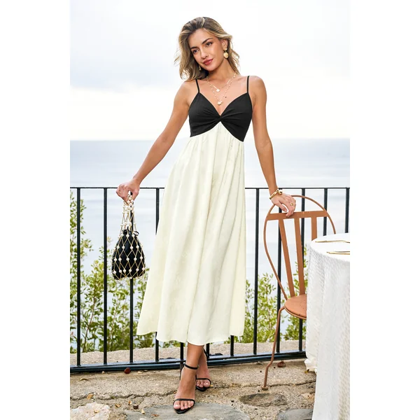 Robe longue bicolore col V sans manches