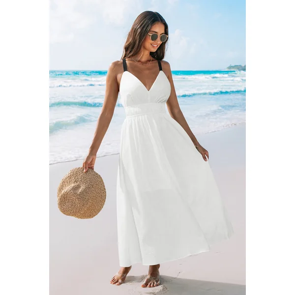 Robe longue blanche tissée col V sans manches