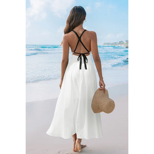 Robe longue blanche tissée col V sans manches