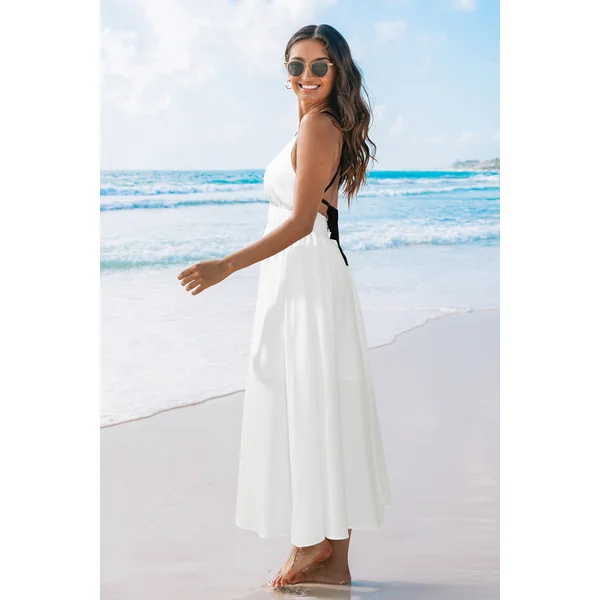 Robe longue blanche tissée col V sans manches