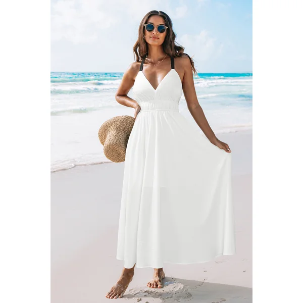 Robe longue blanche tissée col V sans manches