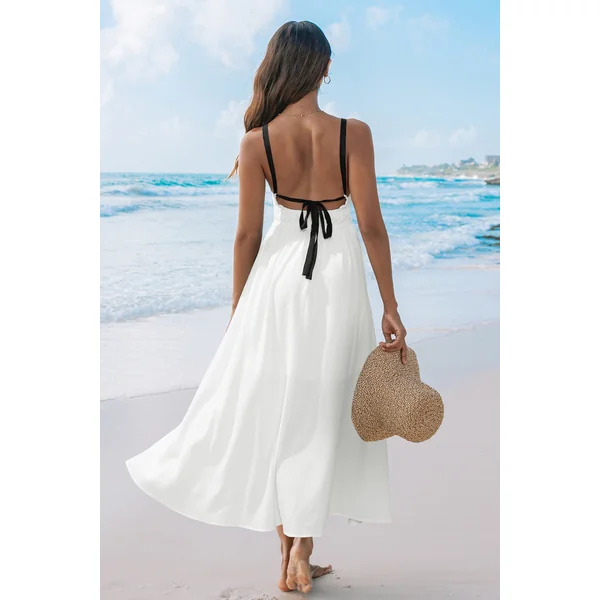Robe longue blanche tissée col V sans manches