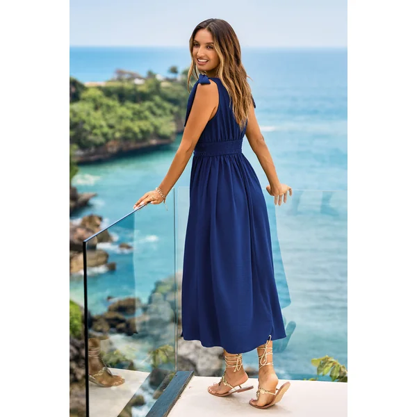 Robe longue bleu marine col plongeant