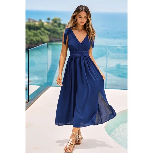 Robe longue bleu marine col plongeant