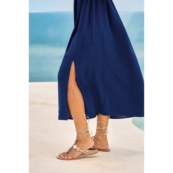 Robe longue bleu marine col plongeant