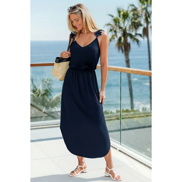 Robe longue bleu marine col V
