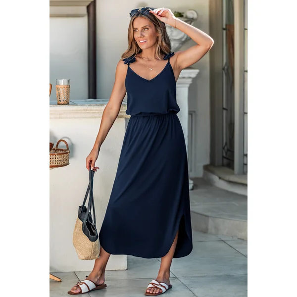 Robe longue bleu marine col V