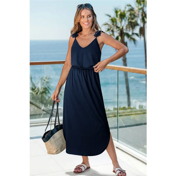 Robe longue bleu marine col V