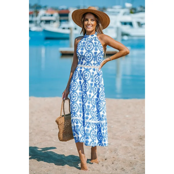 Robe longue bleue col rond tissée sans manches