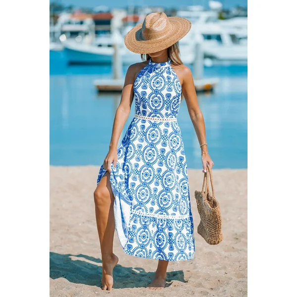 Robe longue bleue col rond tissée sans manches