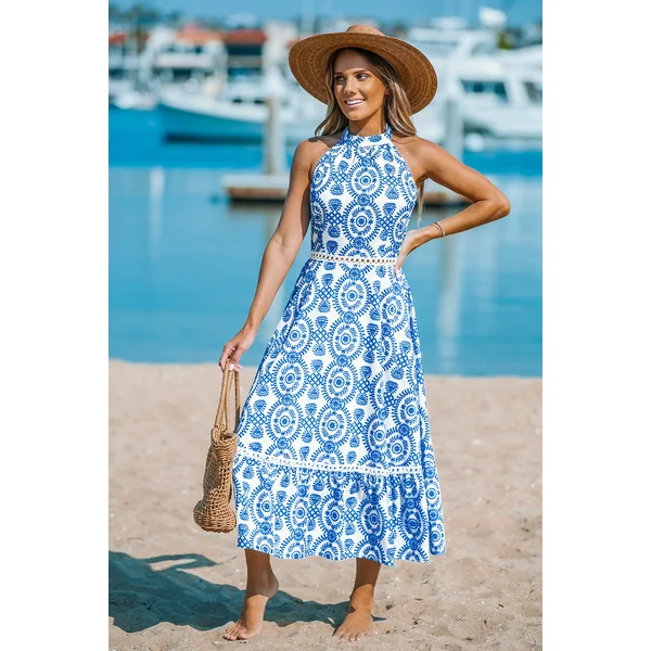 Robe longue bleue col rond tissée sans manches
