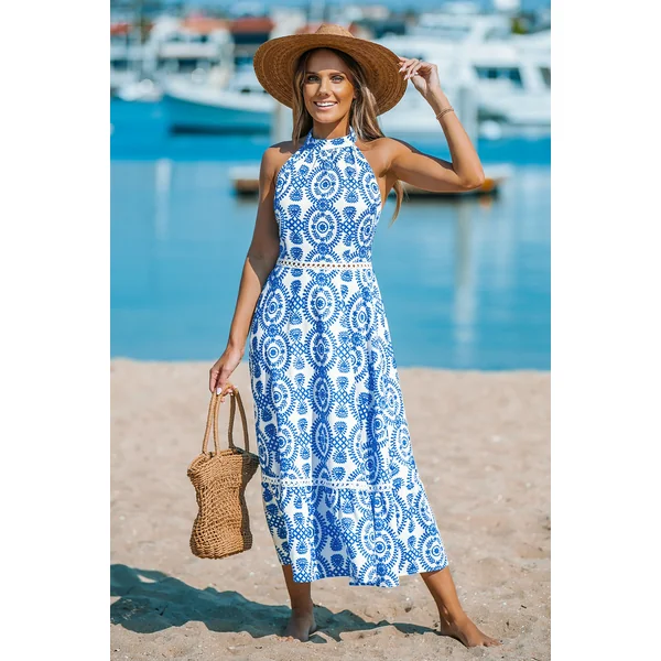 Robe longue bleue col rond tissée sans manches