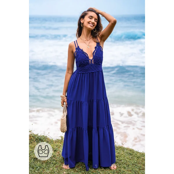 Robe longue bleue col V dentelle contrastée