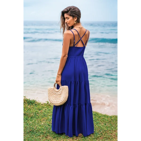 Robe longue bleue col V dentelle contrastée