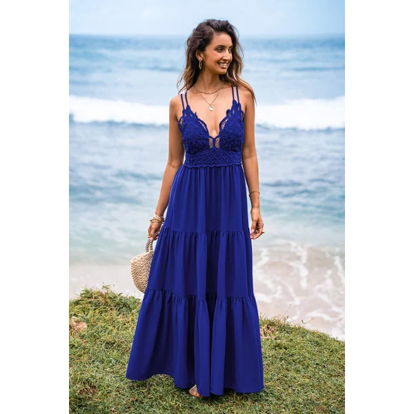 Robe longue bleue col V dentelle contrastée
