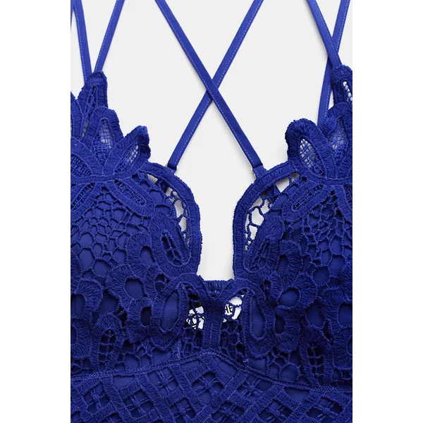 Robe longue bleue col V dentelle contrastée