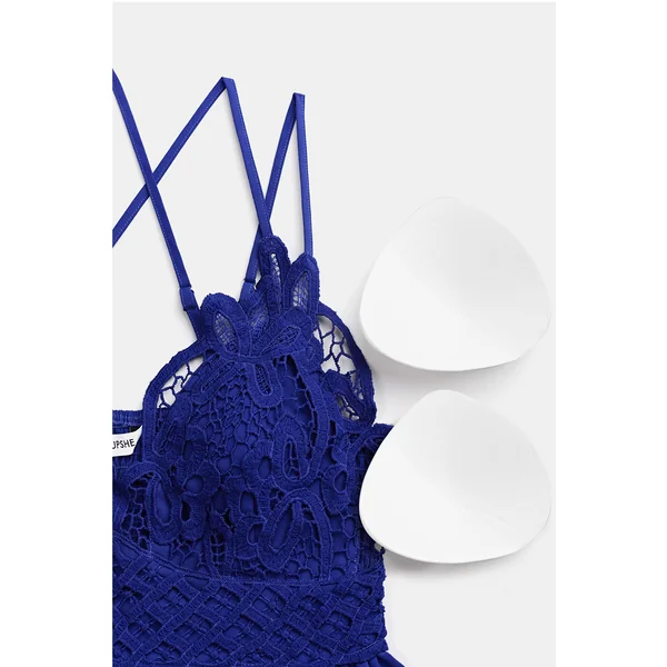 Robe longue bleue col V dentelle contrastée