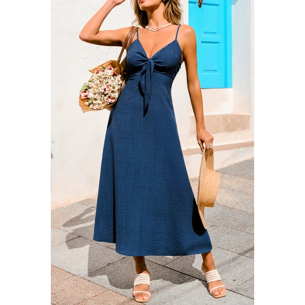 Robe longue bleue col V
