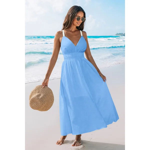 Robe longue bleue col V tissée sans manches